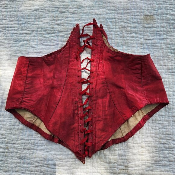 Antique Other - Antique Victorian Handmade Red Silk Lace Up Wasp Waist Corset With Boning